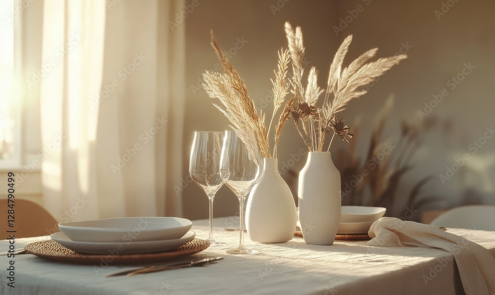 Poster elegant table setting with minimalist vases and soft beige decor, illuminated by warm natural light 