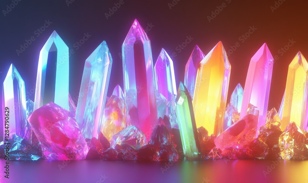 Poster abstract rendering of colorful crystals glowing under soft neon light, futuristic and elegant design