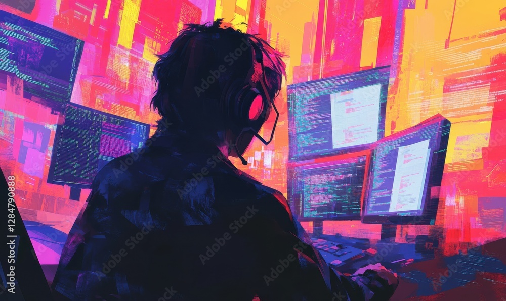 Poster an individual works in a colorful tech environment, their face blurred amidst screens filled with co