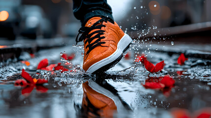 Orange shoe splashing puddle, city street, red petals, urban
