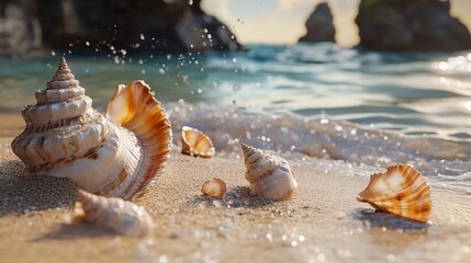 Seashells on Sandy Beach with Gentle Wave at Sunrise