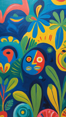 Obraz premium Colorful abstract face and flora in a contemporary painting evokes nature and human connection through bold shapes and vibrant hues.