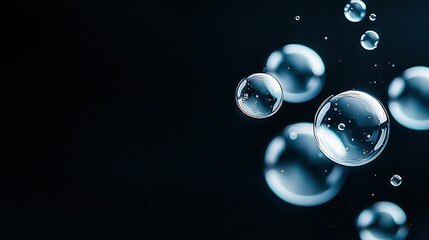   A cluster of bubbles hovering atop a darkened watery expanse, adorned with droplets below and above