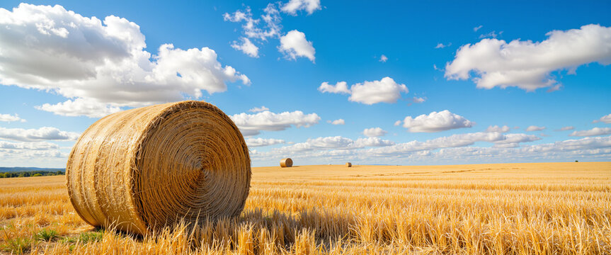 Golden hay bales under a bright blue sky with fluffy clouds, evoking a peaceful and tranquil rural atmosphere, representing the essence of harvest in an expansive agricultural landscape