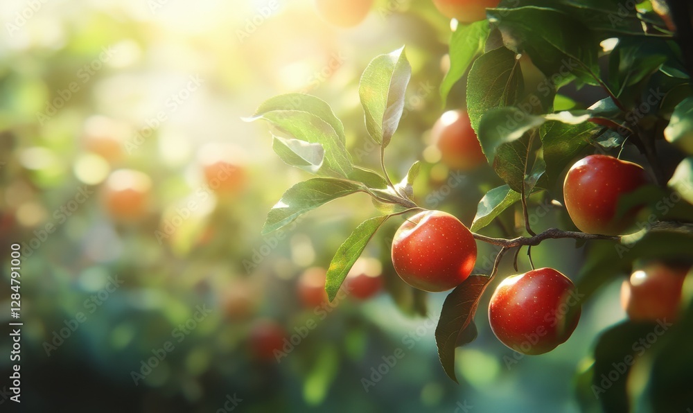Poster bright red apples hanging on a tree branch, sunlight filtering through the leaves and highlighting t