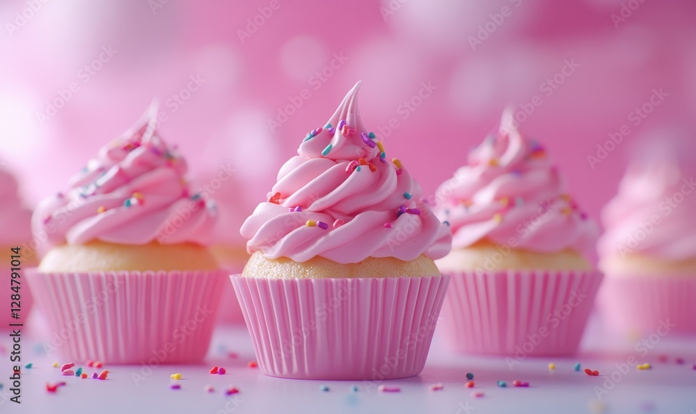 Poster bright pink cupcakes topped with intricate frosting and sprinkles placed on a pastel background illu