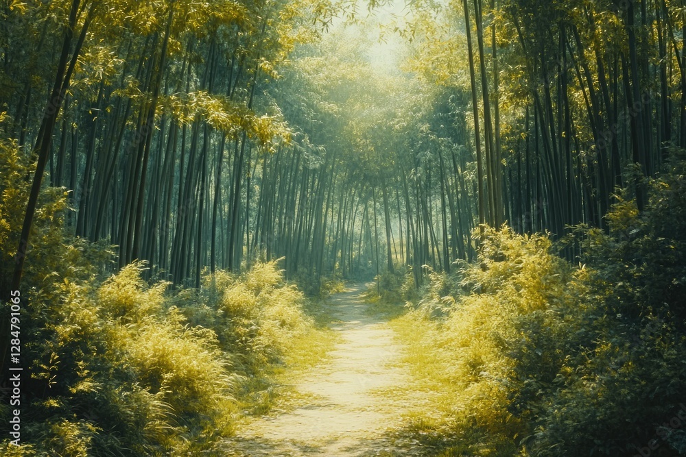 Poster sunlit path winds through a dense bamboo forest, creating a serene and mystical atmosphere.
