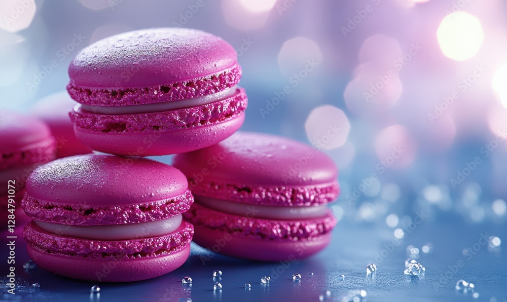 Poster bright pink macarons arranged in a playful stack on a pastel blue surface illuminated by diffused na