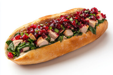 Delicious sandwich with roasted chicken, vibrant cranberries, and fresh greens on a crusty roll, offering a delightful blend of flavors and colors.