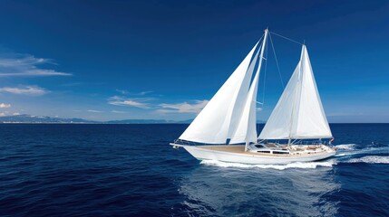 Fototapeta premium White two-masted sailboat sailing on the deep blue ocean under a clear sunny sky.