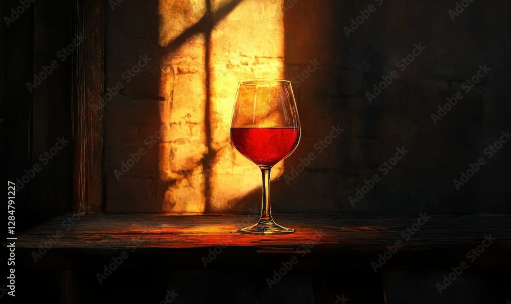 Poster elegant wine glass with a soft red hue resting on a rustic table illuminated by glowing light, evoki