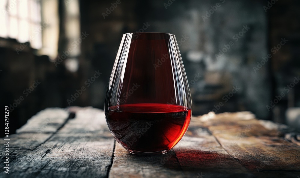 Poster elegant wine glass with deep red wine resting on a rustic wooden table, softly illuminated to enhanc