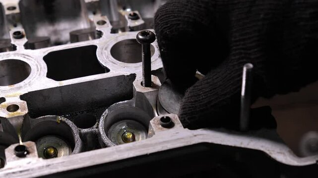 Gloved hands carefully install new hydraulic valve compensators on cylinder head of internal combustion engine,