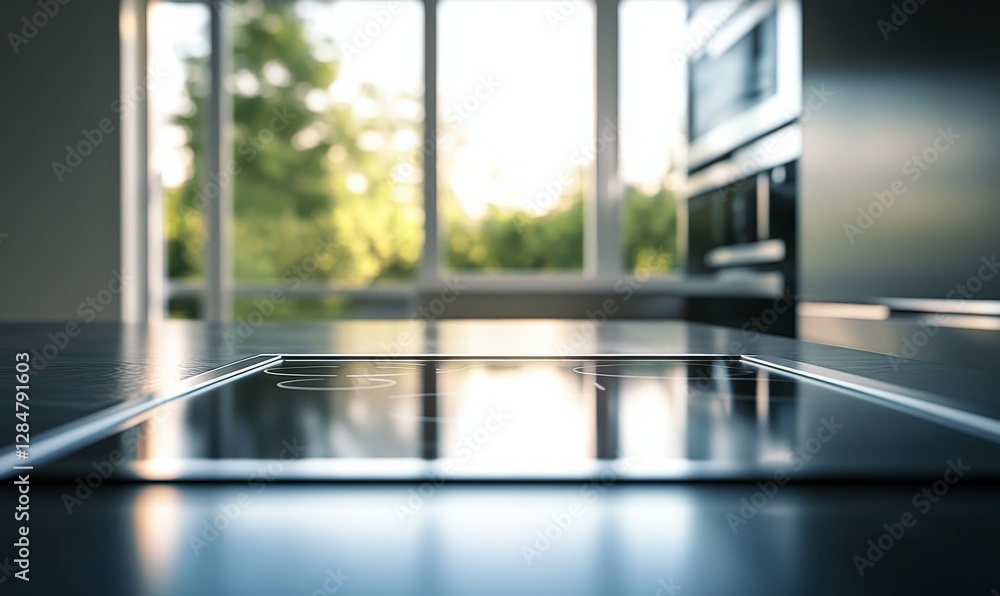 Poster clean and modern kitchen with sleek metallic surfaces and soft natural light streaming through large