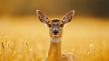   Close-up of a deer in a grassy field, facing the camera with its head turned to the side