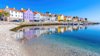 Colorful coastal village, sunny day, calm sea, pebble beach; travel brochure