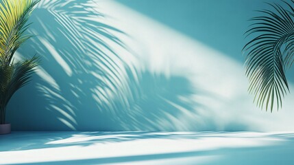 Serene Minimalist Room with Palm Leaf Shadows on a Blue Wall