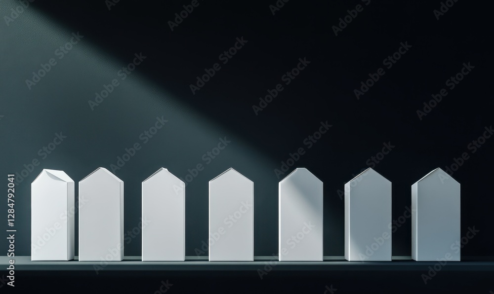Poster clean and modern row of white milk cartons placed against a dark background, sharp shadows and geome
