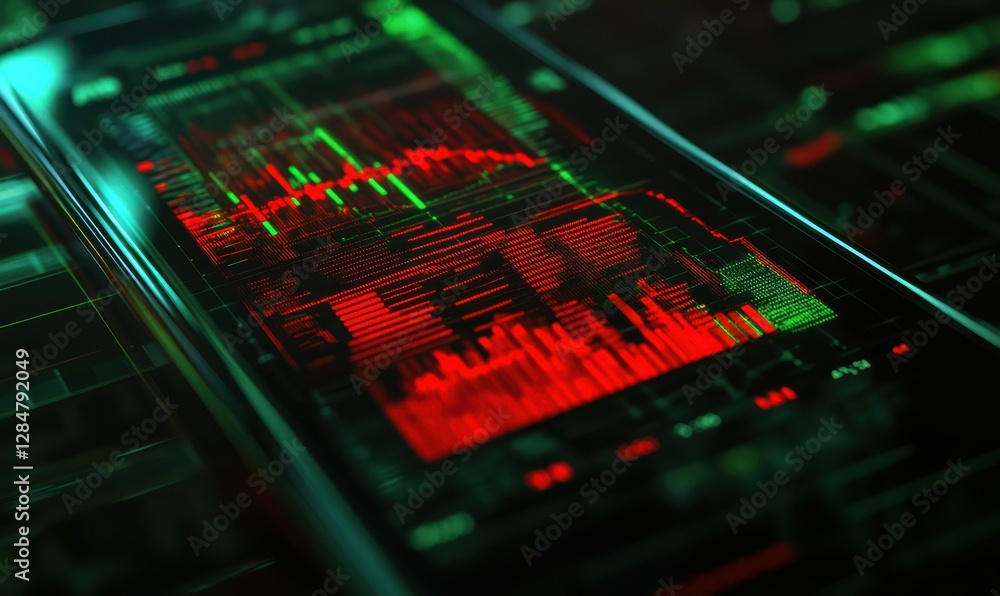 Poster close-up of a smartphone displaying stock market data in vivid red and green lines, illuminated by s