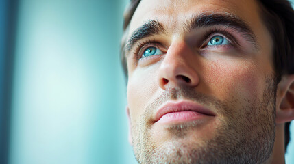 Fototapeta premium A close up image of a man looking up with bright blue eyes as if contemplating the future or dreaming about what's to come.