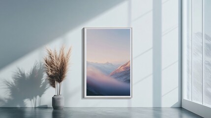 Fototapeta premium Serene Mountain Landscape at Sunrise with Fog Rolling Through the Valley
