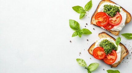   Two slices of bread with tomato, cheese, and pesto are on a white plate with fresh basil