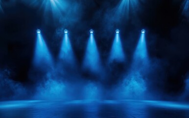 Dark background, spotlights shining down from the top of an empty stage, smoke in front of it, light blue color