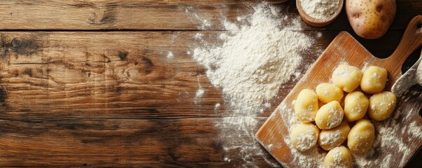 Homemade gnocchi preparation with flour and potatoes on wooden surface