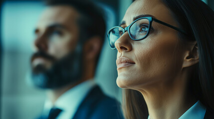 Focused Professionals: Woman with glasses gazes forward, with blurred man in suit behind, evoking determination and collaboration.