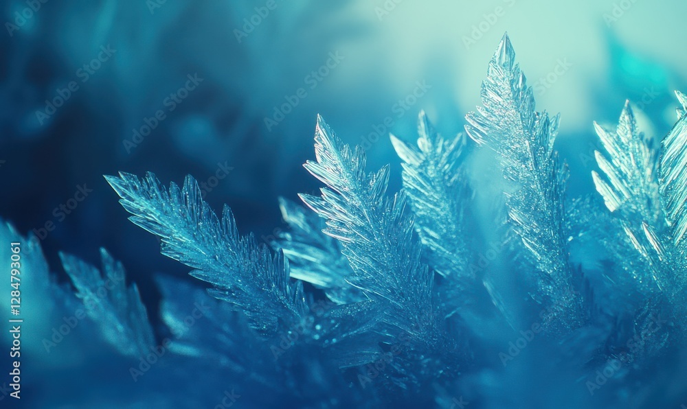 Poster close-up of translucent aqua ice crystals with intricate textures, illuminated by diffused light for