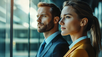 Business professionals gazing ahead with purpose, standing in front of a modern office building's glass facade.