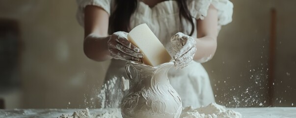 Woman sculpting clay vase with precision in artistic workshop setting