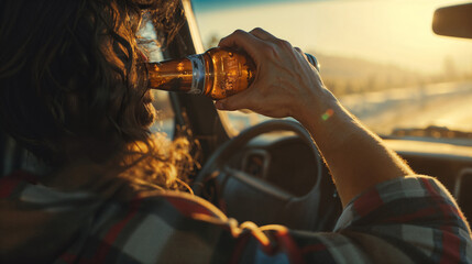 Person drinking alcohol while operating vehicle during sunset, illuminated by golden hour light, wearing plaid shirt, showing dangerous and illegal behavior