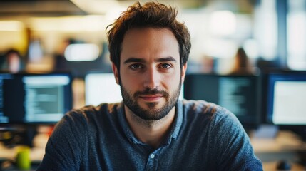 Obraz premium This portrait captures a European male IT professional in a contemporary office, showcasing a serious yet approachable demeanor in a modern workspace environment.