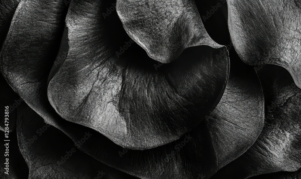 Poster close-up of black charcoal textures layered intricately, softly illuminated to create depth and a bo