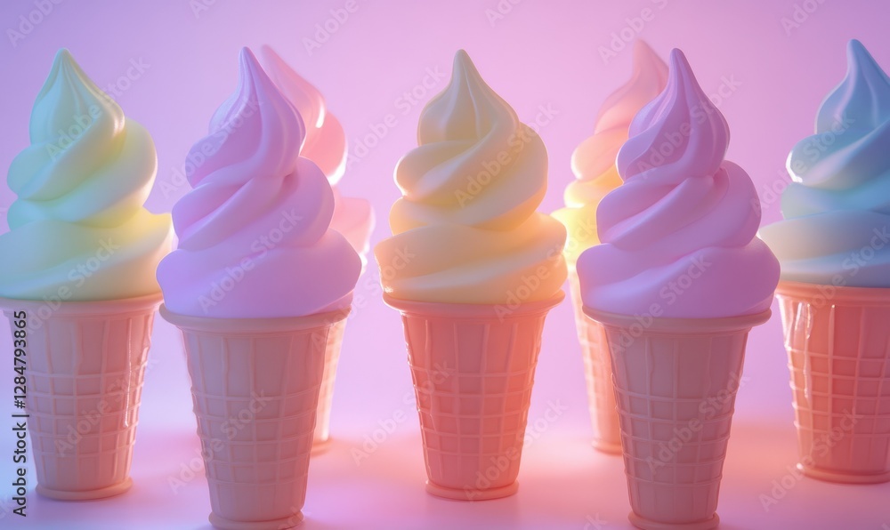 Poster close-up of colorful ice cream cones in pastel shades arranged in a neat row, illuminated by soft li