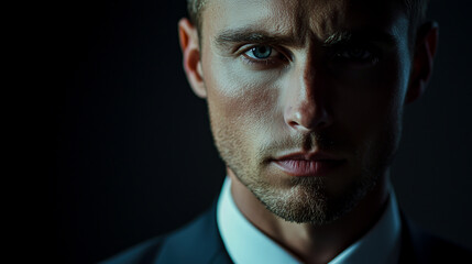Fototapeta premium Intense gaze of a handsome man with striking blue eyes, captured in dramatic lighting against a dark backdrop. 