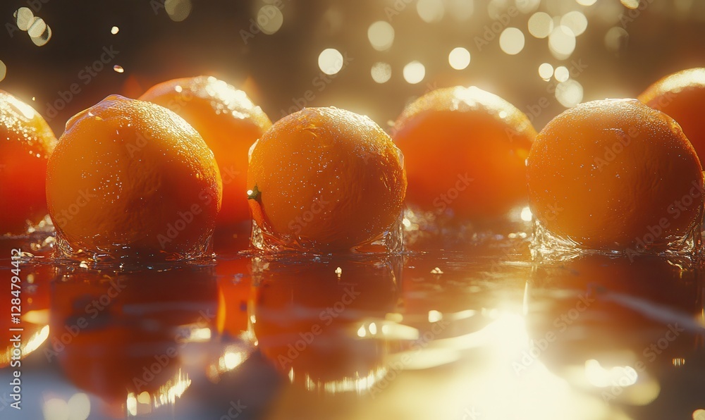 Poster fresh oranges resting on a reflective glass surface, illuminated by soft natural light, creating a v