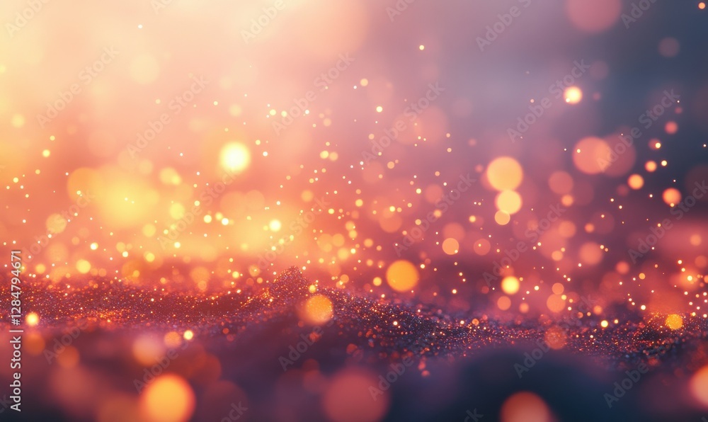Poster close-up of glittering particles floating in a pink glowing haze, vibrant bokeh lights creating a dr