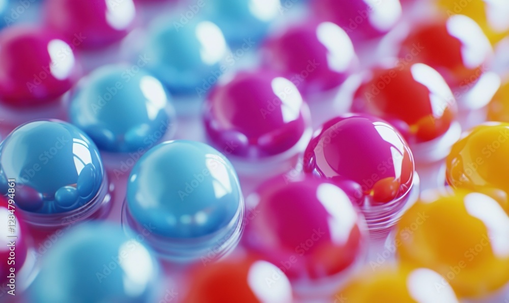 Poster artistic macro shot of colorful candy spheres arranged in a neat grid, bright lighting creating a pl