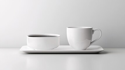 Fototapeta premium Simple White Mug and Bowl on Tray Minimalist Still Life