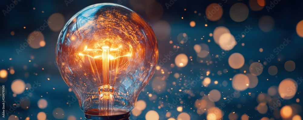 Poster glowing light bulb with bokeh background in warm tones