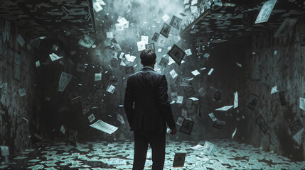 Back of a business person facing swirling money vortex in dark surreal environment, representing financial debt crisis and mortgage burden concept.