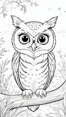 Fototapeta premium An owl with big eyes perches on a branch in an outdoor setting, with foliage around it, in a black and white outline drawing.