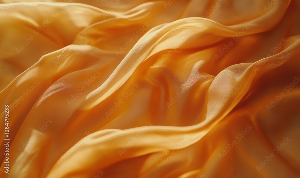 Poster close-up of soft orange silk fabric with intricate flowing folds, glowing warmly under diffused ligh
