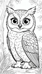 Obraz premium Detailed illustration of an owl perched on a tree branch, blending a cartoon style with realistic elements in a monochrome palette.