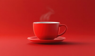 Obraz premium Bold red coffee cup on a clean vibrant red background, steaming with a rich aroma and inviting comfort