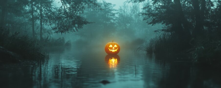 Eerie jack-o'-lantern floating on misty lake at night surrounded by foggy enchanted forest