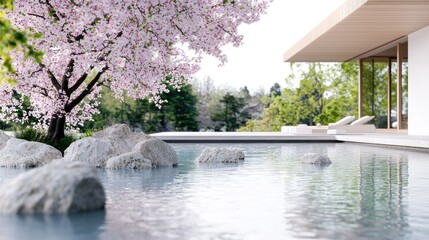 Serene Cherry Blossom Poolside Relaxation