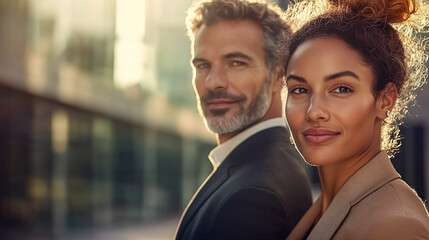 Fototapeta premium Professional man and woman in business attire with a city background. They have a friendly expression.